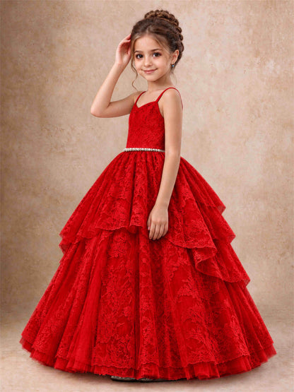 Spaghetti Strap Lace Girls Pageant Dress Tiered with Pearl Sash For Wedding Birthday Communion