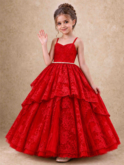 Spaghetti Strap Lace Girls Pageant Dress Tiered with Pearl Sash For Wedding Birthday Communion