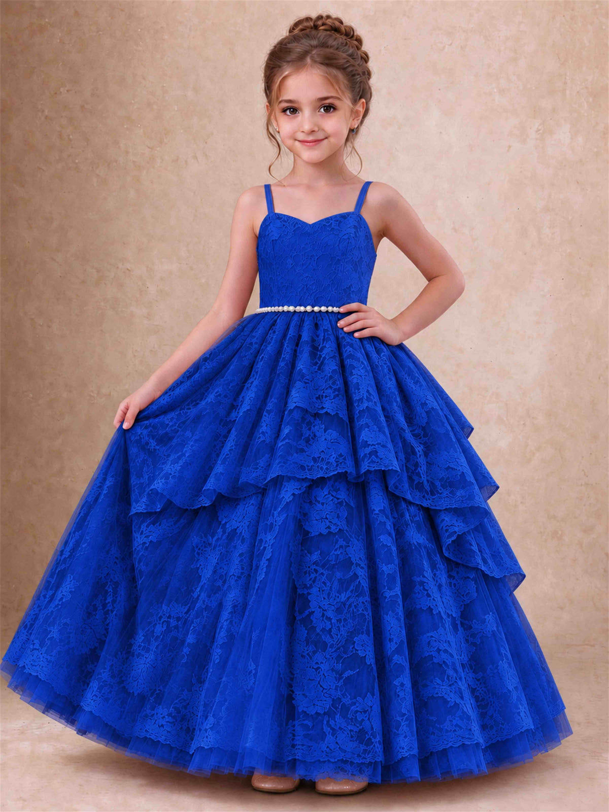 Spaghetti Strap Lace Girls Pageant Dress Tiered with Pearl Sash For Wedding Birthday Communion
