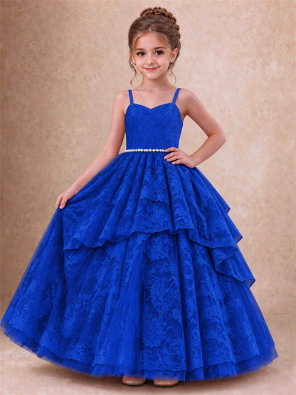 Spaghetti Strap Lace Girls Pageant Dress Tiered with Pearl Sash For Wedding Birthday Communion