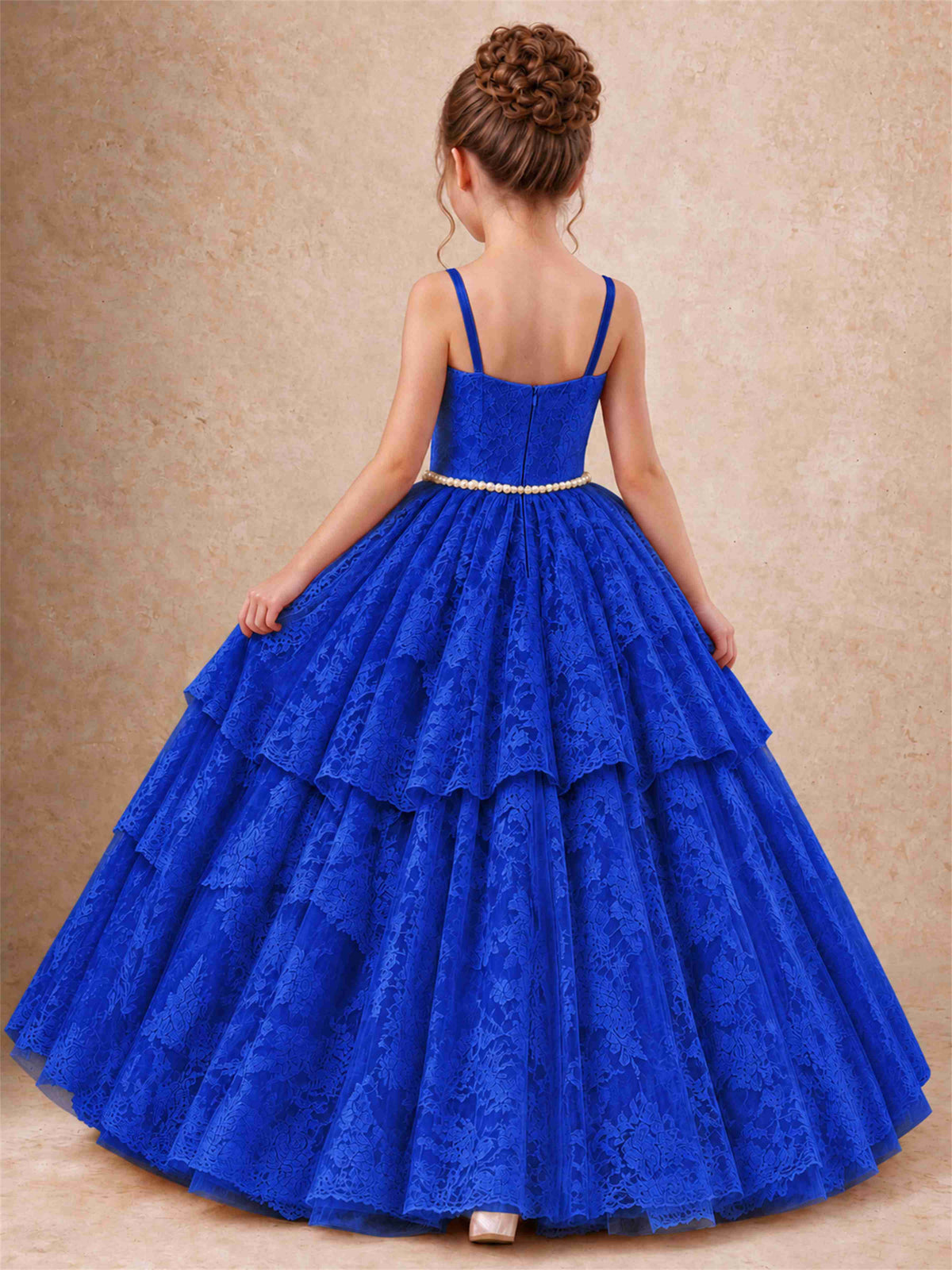 Spaghetti Strap Lace Girls Pageant Dress Tiered with Pearl Sash For Wedding Birthday Communion