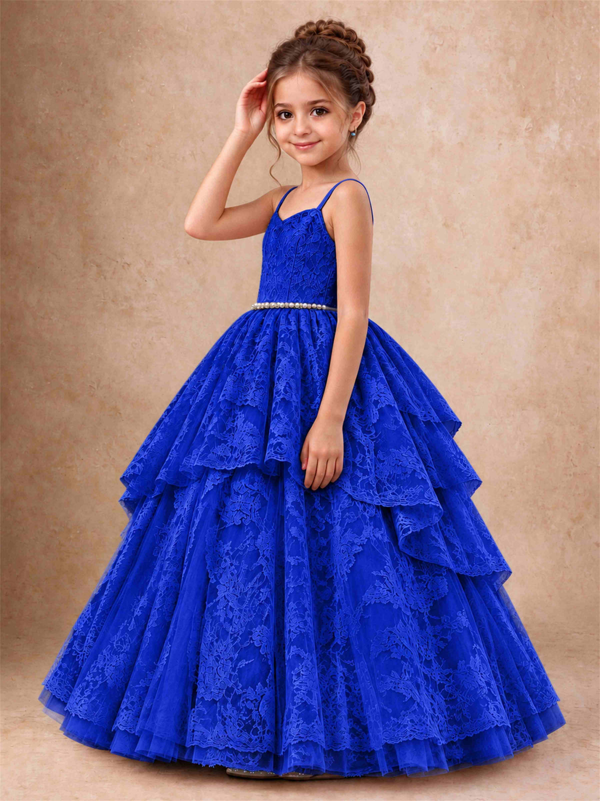 Spaghetti Strap Lace Girls Pageant Dress Tiered with Pearl Sash For Wedding Birthday Communion