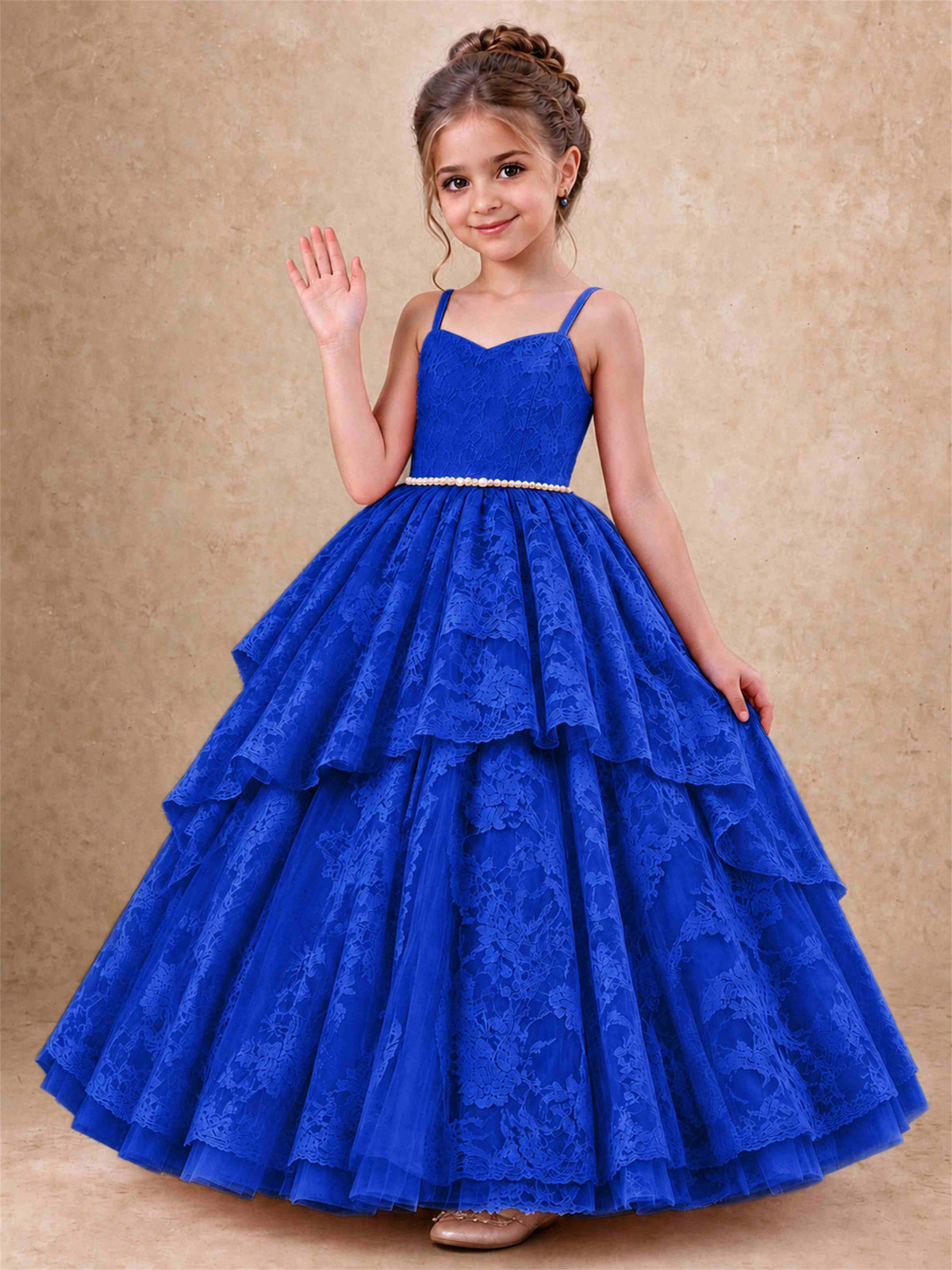 Spaghetti Strap Lace Girls Pageant Dress Tiered with Pearl Sash For Wedding Birthday Communion