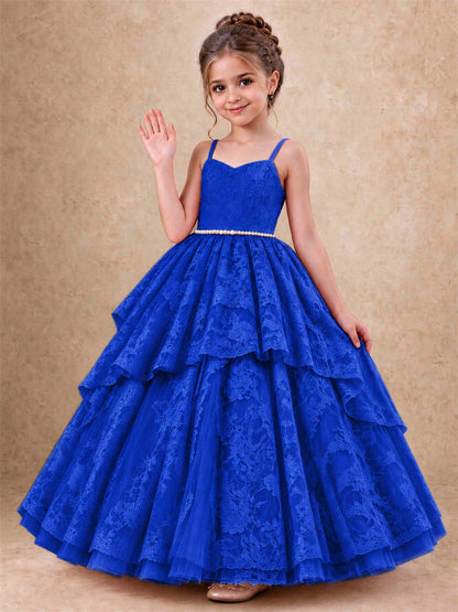 Spaghetti Strap Lace Girls Pageant Dress Tiered with Pearl Sash For Wedding Birthday Communion