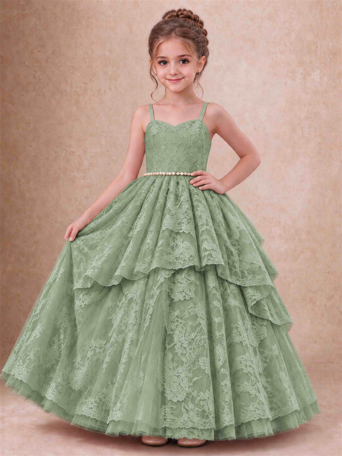 Spaghetti Strap Lace Girls Pageant Dress Tiered with Pearl Sash For Wedding Birthday Communion