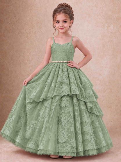 Spaghetti Strap Lace Girls Pageant Dress Tiered with Pearl Sash For Wedding Birthday Communion