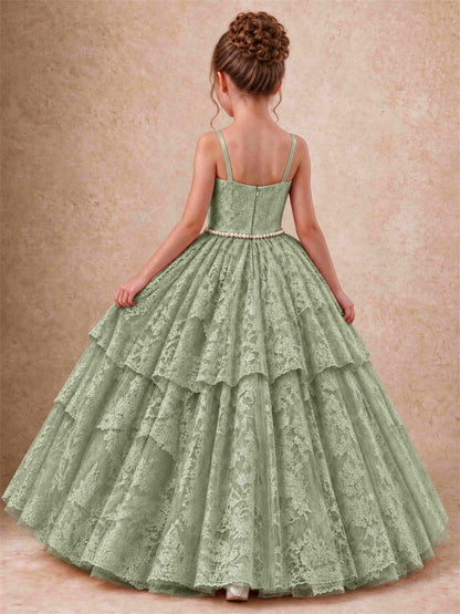 Spaghetti Strap Lace Girls Pageant Dress Tiered with Pearl Sash For Wedding Birthday Communion
