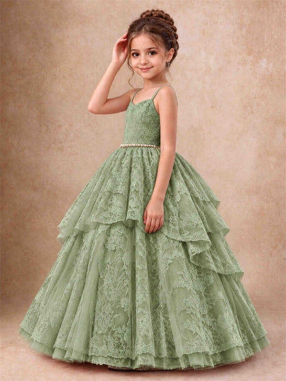 Spaghetti Strap Lace Girls Pageant Dress Tiered with Pearl Sash For Wedding Birthday Communion