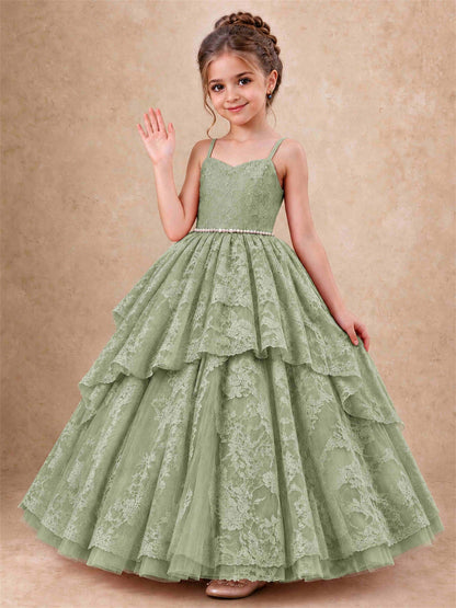 Spaghetti Strap Lace Girls Pageant Dress Tiered with Pearl Sash For Wedding Birthday Communion