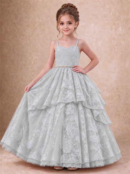 Spaghetti Strap Lace Girls Pageant Dress Tiered with Pearl Sash For Wedding Birthday Communion