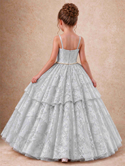 Spaghetti Strap Lace Girls Pageant Dress Tiered with Pearl Sash For Wedding Birthday Communion
