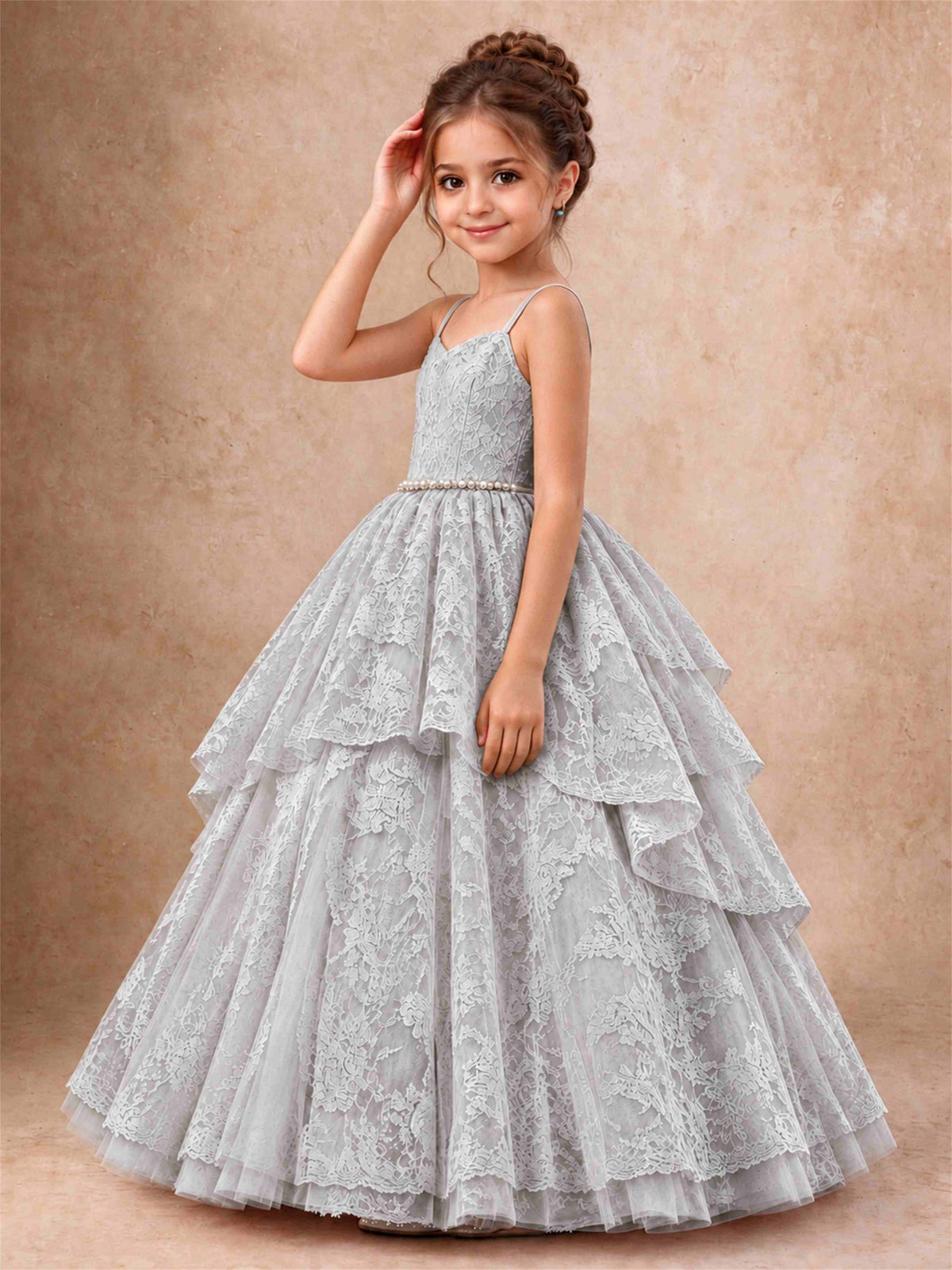 Spaghetti Strap Lace Girls Pageant Dress Tiered with Pearl Sash For Wedding Birthday Communion