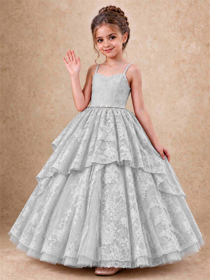 Spaghetti Strap Lace Girls Pageant Dress Tiered with Pearl Sash For Wedding Birthday Communion