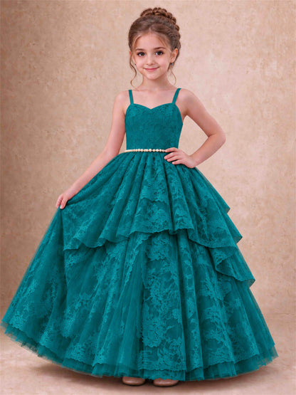 Spaghetti Strap Lace Girls Pageant Dress Tiered with Pearl Sash For Wedding Birthday Communion