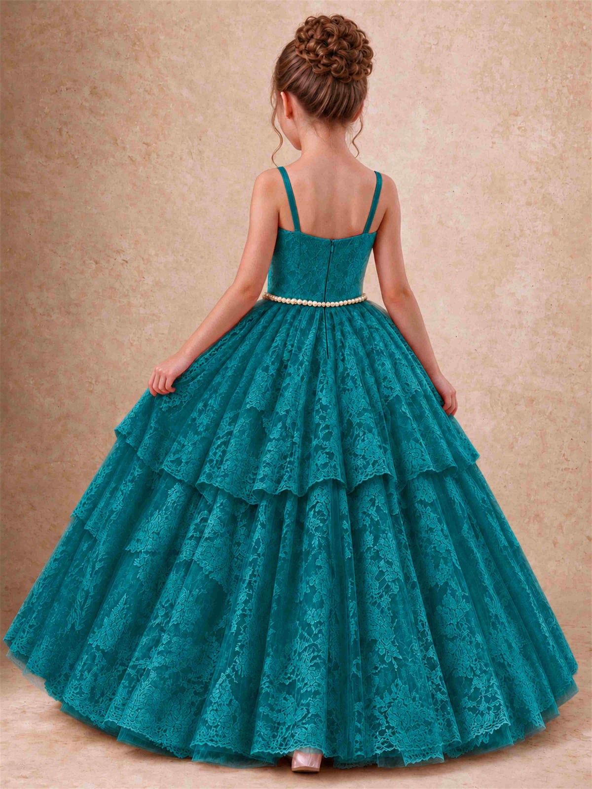 Spaghetti Strap Lace Girls Pageant Dress Tiered with Pearl Sash For Wedding Birthday Communion