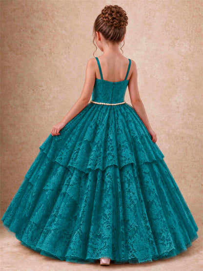 Spaghetti Strap Lace Girls Pageant Dress Tiered with Pearl Sash For Wedding Birthday Communion