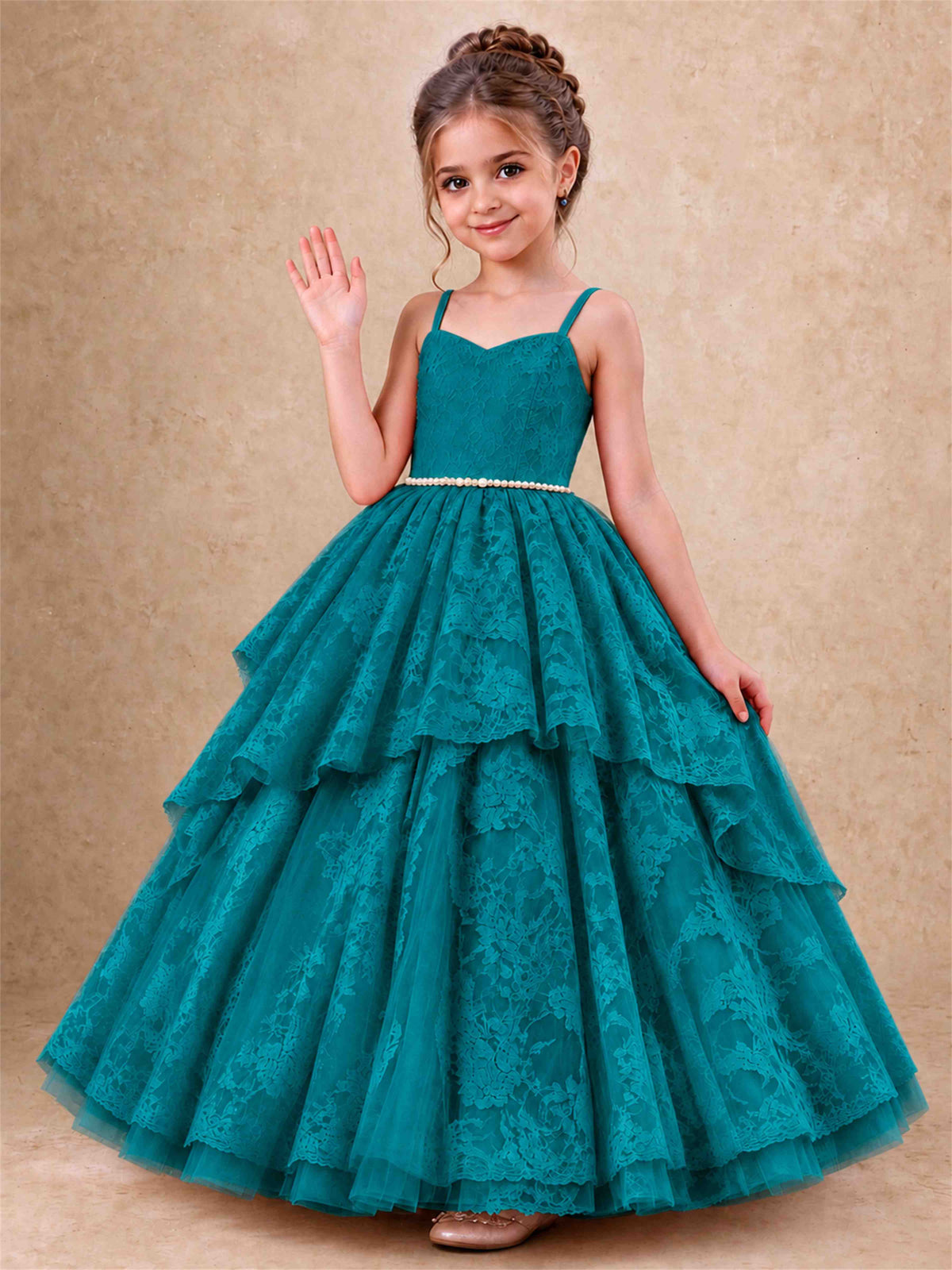 Spaghetti Strap Lace Girls Pageant Dress Tiered with Pearl Sash For Wedding Birthday Communion