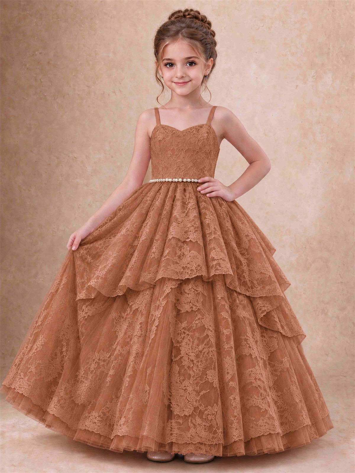 Spaghetti Strap Lace Girls Pageant Dress Tiered with Pearl Sash For Wedding Birthday Communion