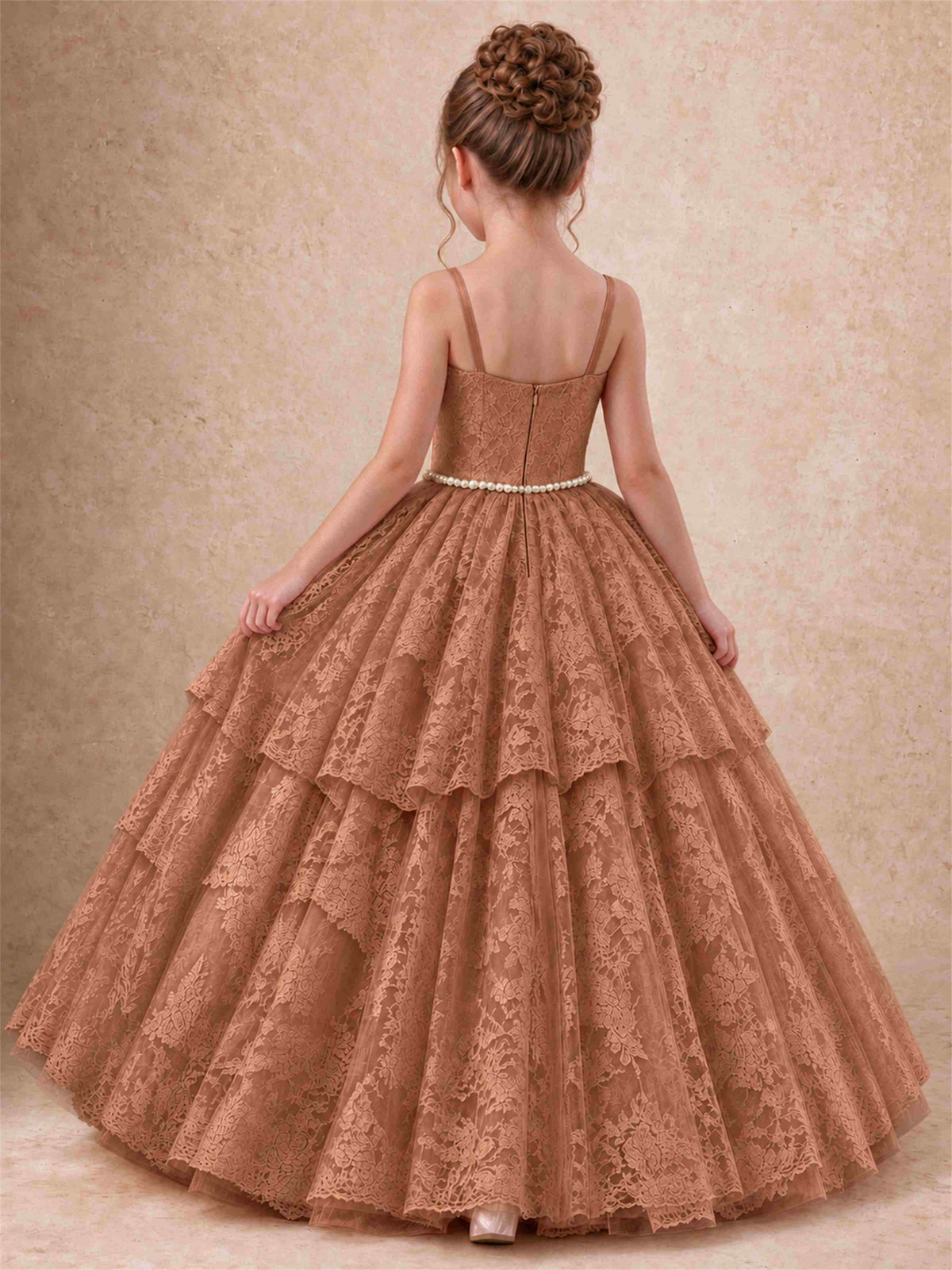 Spaghetti Strap Lace Girls Pageant Dress Tiered with Pearl Sash For Wedding Birthday Communion