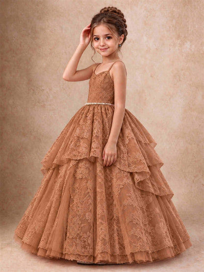 Spaghetti Strap Lace Girls Pageant Dress Tiered with Pearl Sash For Wedding Birthday Communion