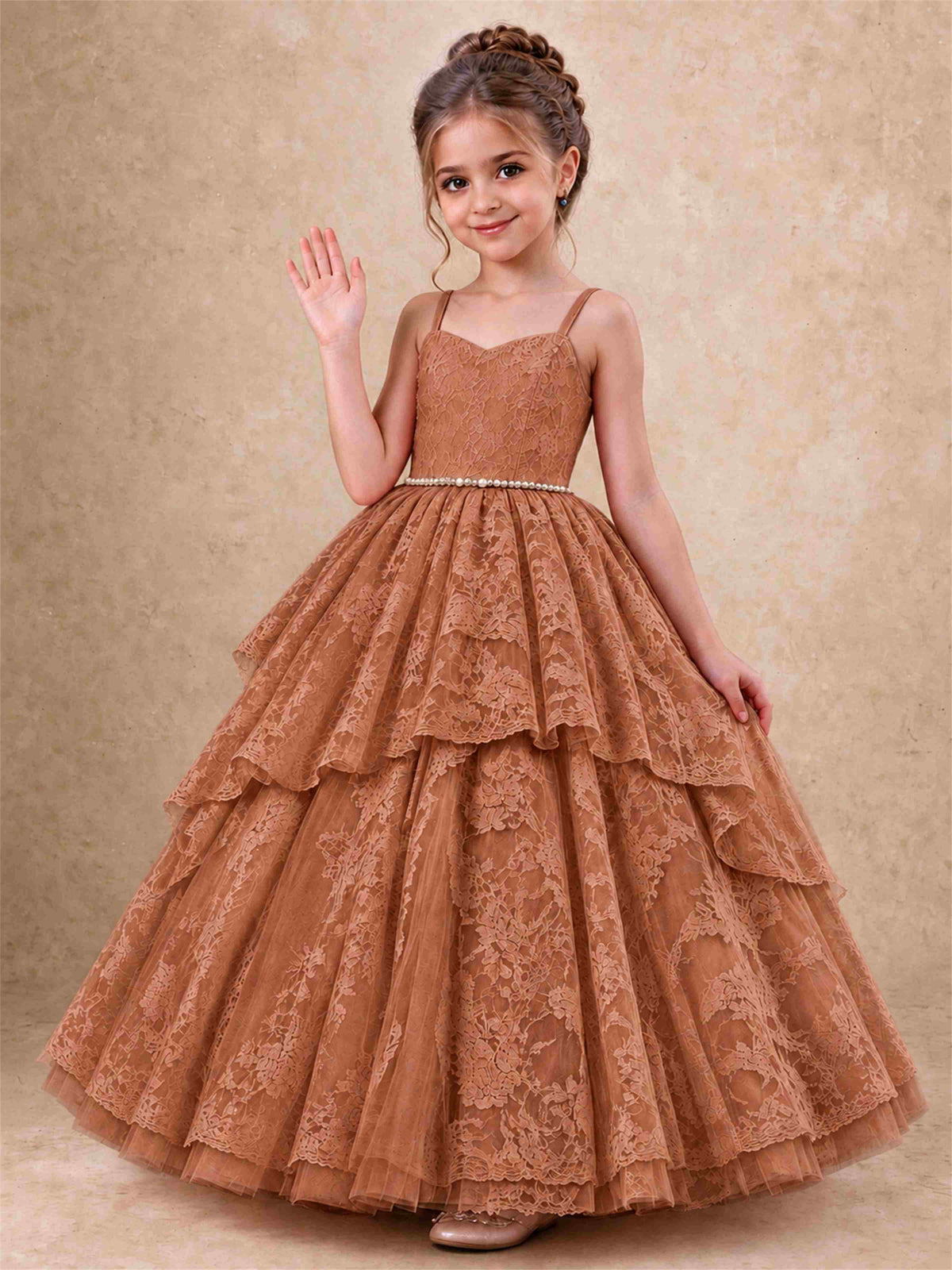 Spaghetti Strap Lace Girls Pageant Dress Tiered with Pearl Sash For Wedding Birthday Communion