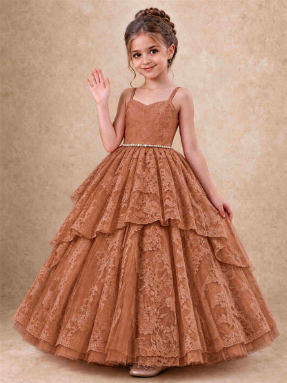 Spaghetti Strap Lace Girls Pageant Dress Tiered with Pearl Sash For Wedding Birthday Communion