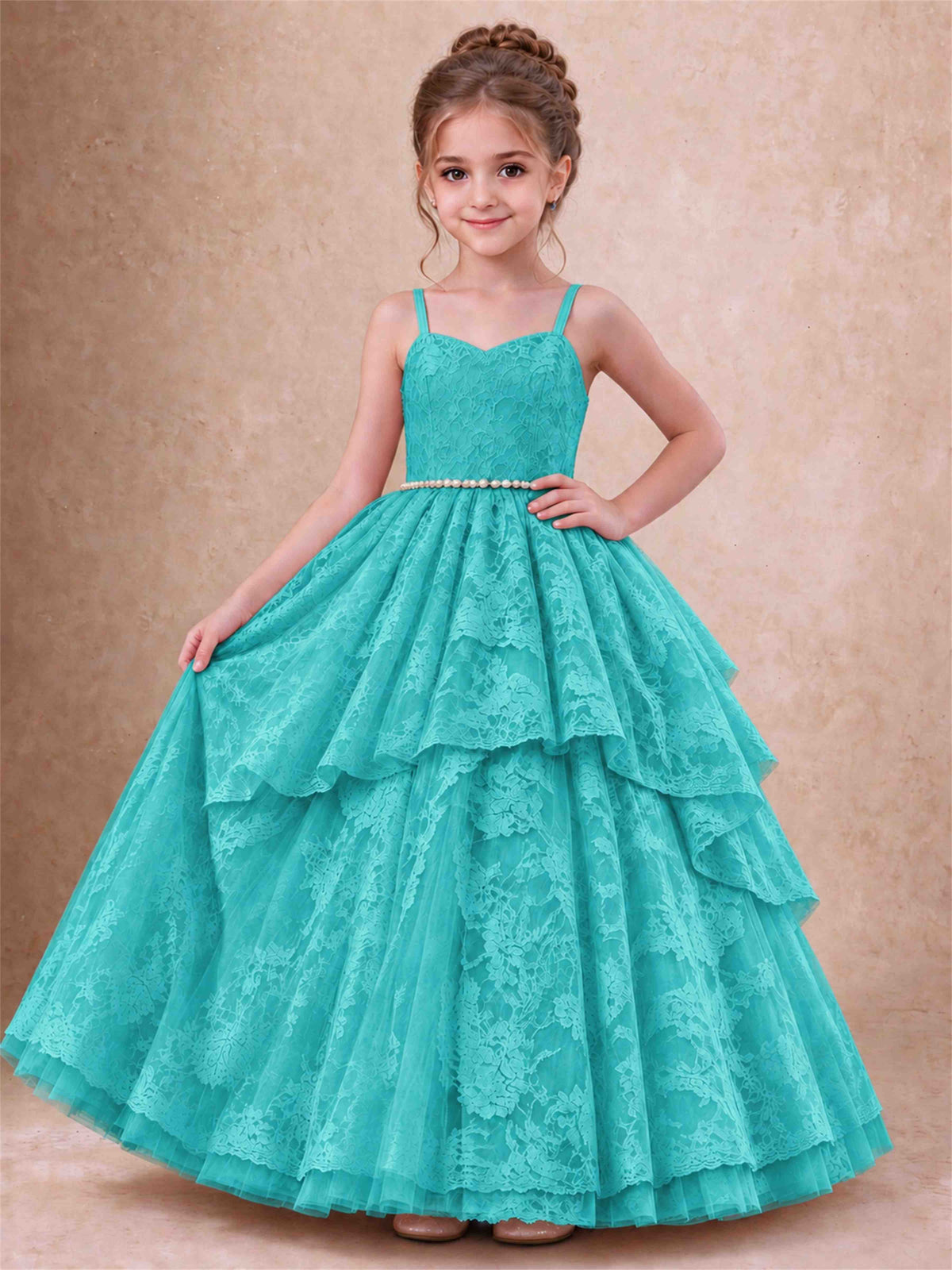Spaghetti Strap Lace Girls Pageant Dress Tiered with Pearl Sash For Wedding Birthday Communion