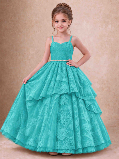 Spaghetti Strap Lace Girls Pageant Dress Tiered with Pearl Sash For Wedding Birthday Communion