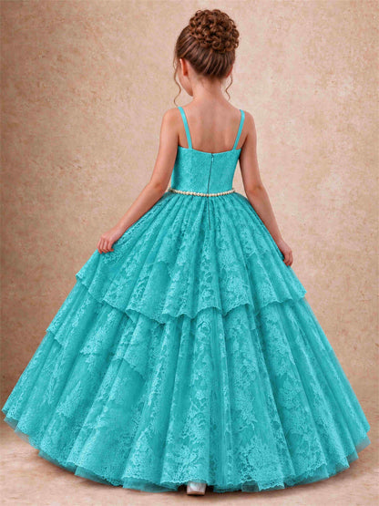Spaghetti Strap Lace Girls Pageant Dress Tiered with Pearl Sash For Wedding Birthday Communion