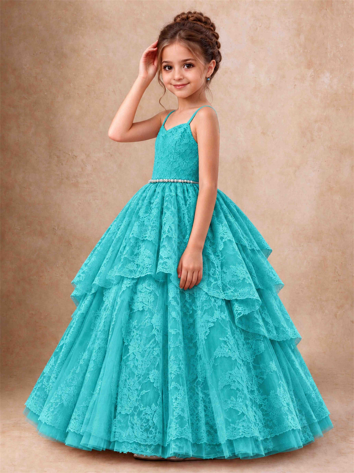 Spaghetti Strap Lace Girls Pageant Dress Tiered with Pearl Sash For Wedding Birthday Communion