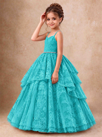Spaghetti Strap Lace Girls Pageant Dress Tiered with Pearl Sash For Wedding Birthday Communion