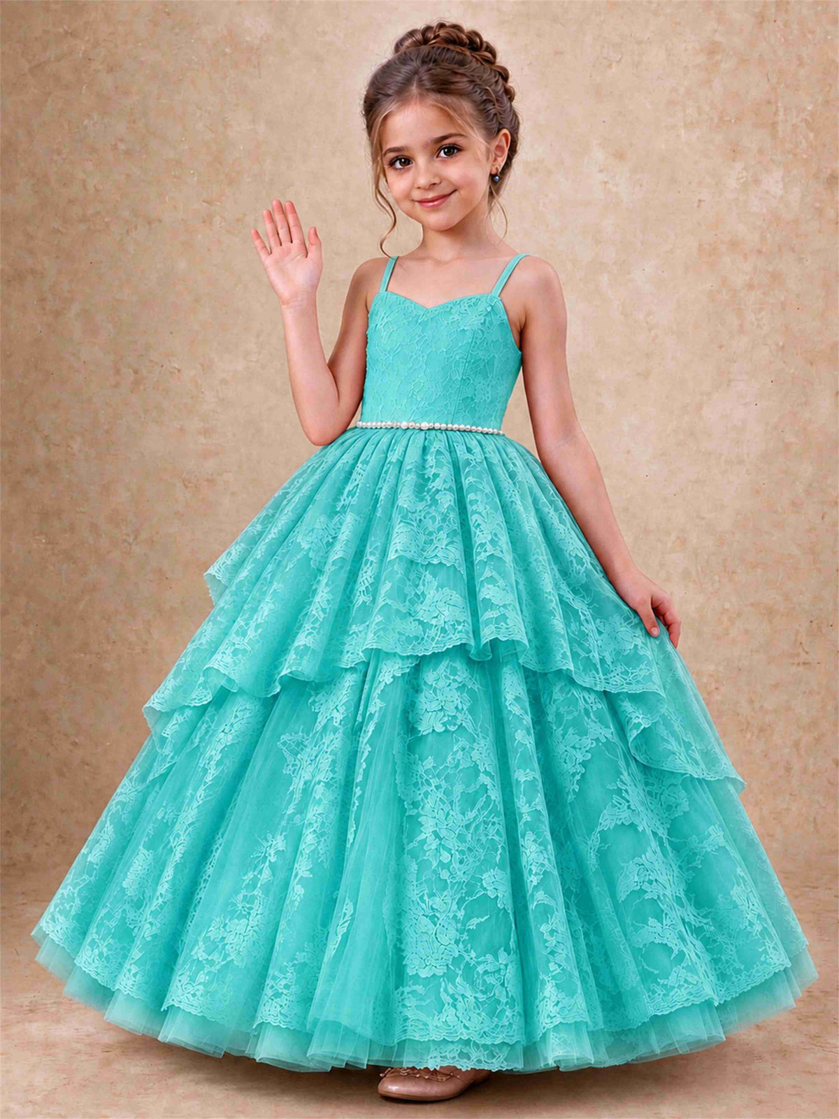 Spaghetti Strap Lace Girls Pageant Dress Tiered with Pearl Sash For Wedding Birthday Communion