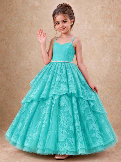 Spaghetti Strap Lace Girls Pageant Dress Tiered with Pearl Sash For Wedding Birthday Communion
