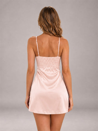 Blush Pink Spaghetti Strap Pleated Stretch Satin A-Line Mini Homecoming Dress