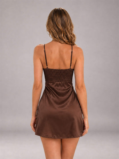 Brown Spaghetti Strap Pleated Stretch Satin A-Line Mini Homecoming Dress
