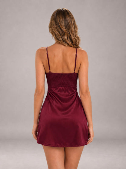 Burgundy Spaghetti Strap Pleated Stretch Satin A-Line Mini Homecoming Dress