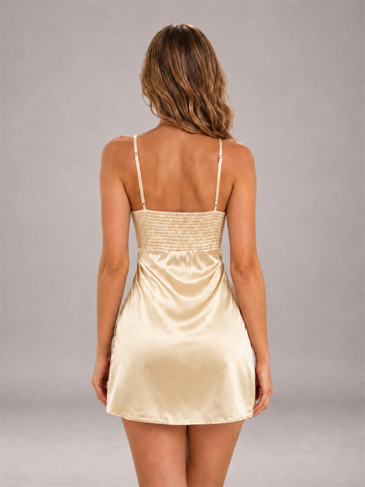 Champagne Spaghetti Strap Pleated Stretch Satin A-Line Mini Homecoming Dress