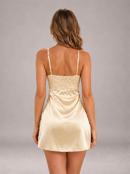 Champagne Spaghetti Strap Pleated Stretch Satin A-Line Mini Homecoming Dress