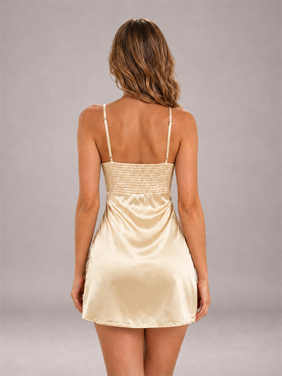 Champagne Spaghetti Strap Pleated Stretch Satin A-Line Mini Homecoming Dress