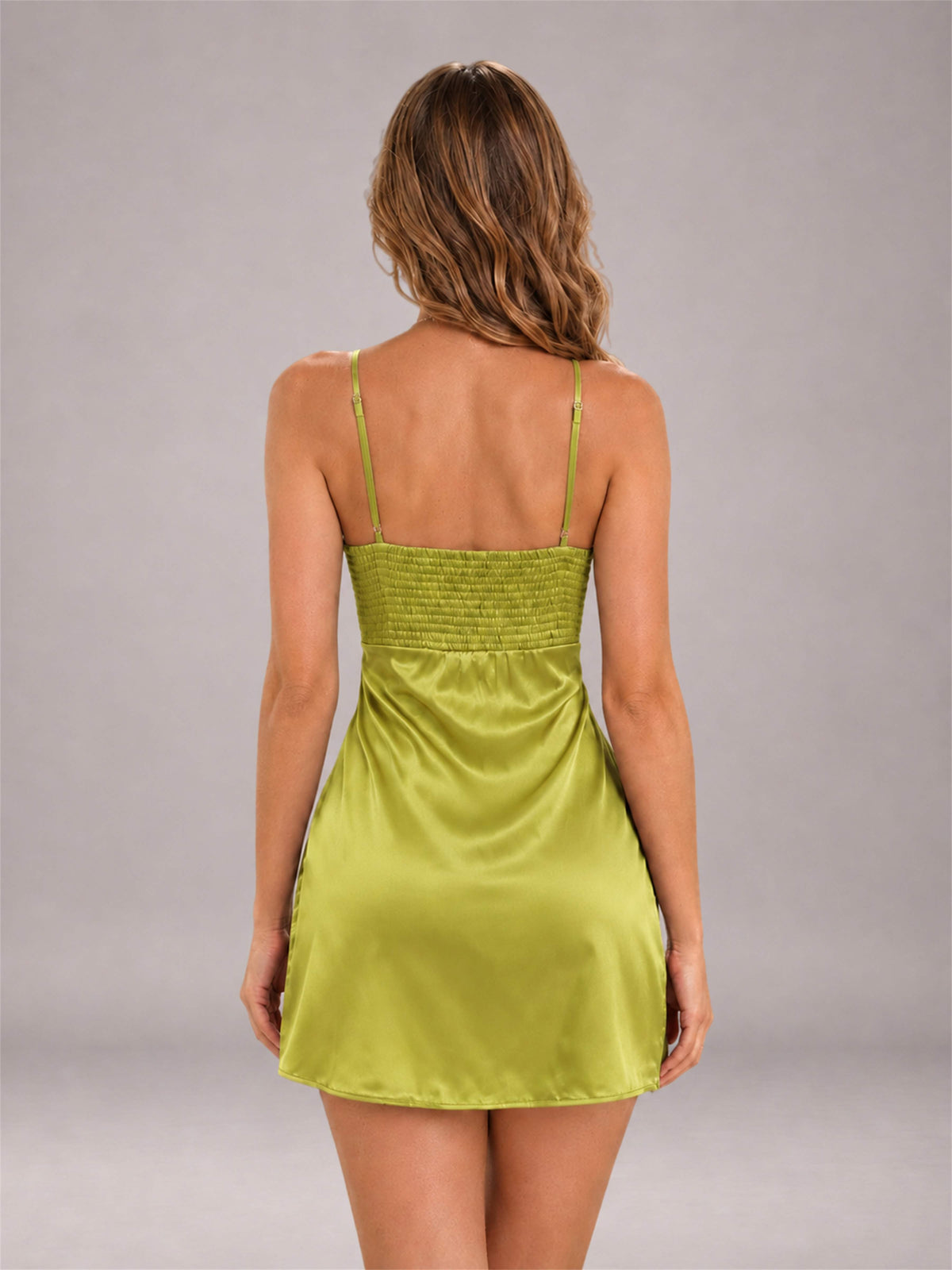 Chartreuse Spaghetti Strap Pleated Stretch Satin A-Line Mini Homecoming Dress