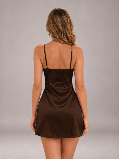 Chocolate Spaghetti Strap Pleated Stretch Satin A-Line Mini Homecoming Dress
