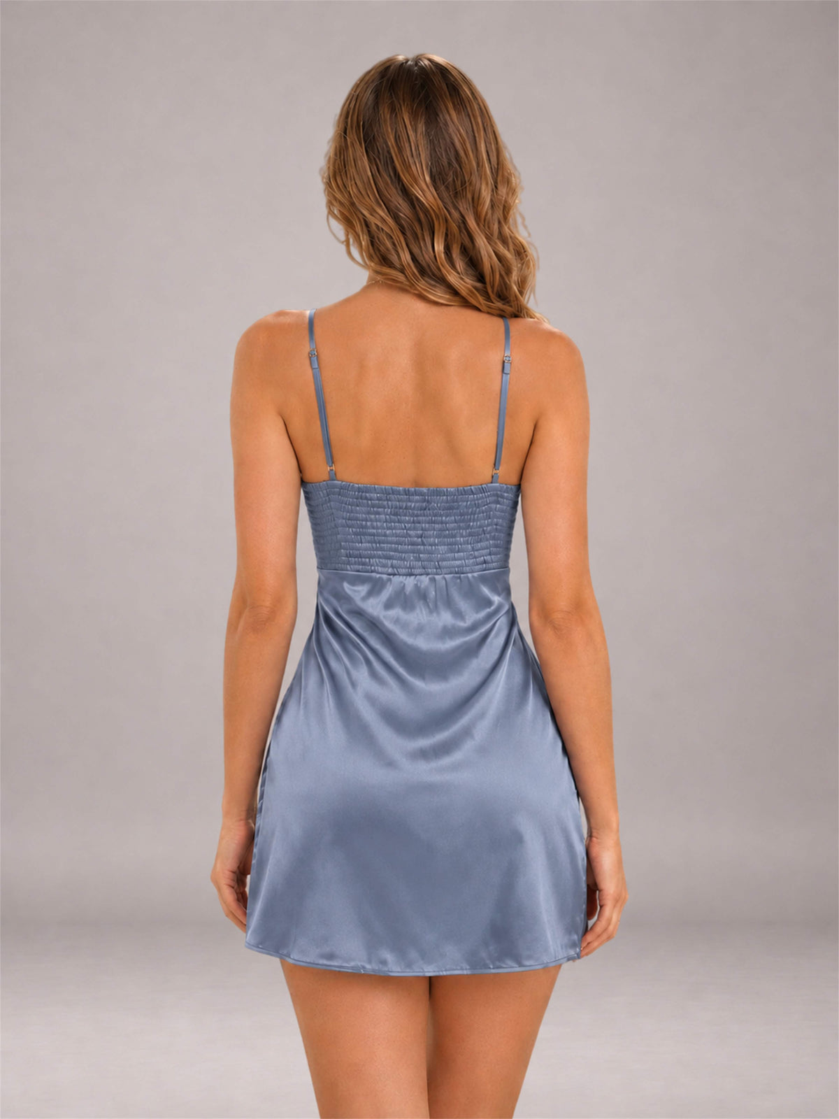 Dusty Blue Spaghetti Strap Pleated Stretch Satin A-Line Mini Homecoming Dress