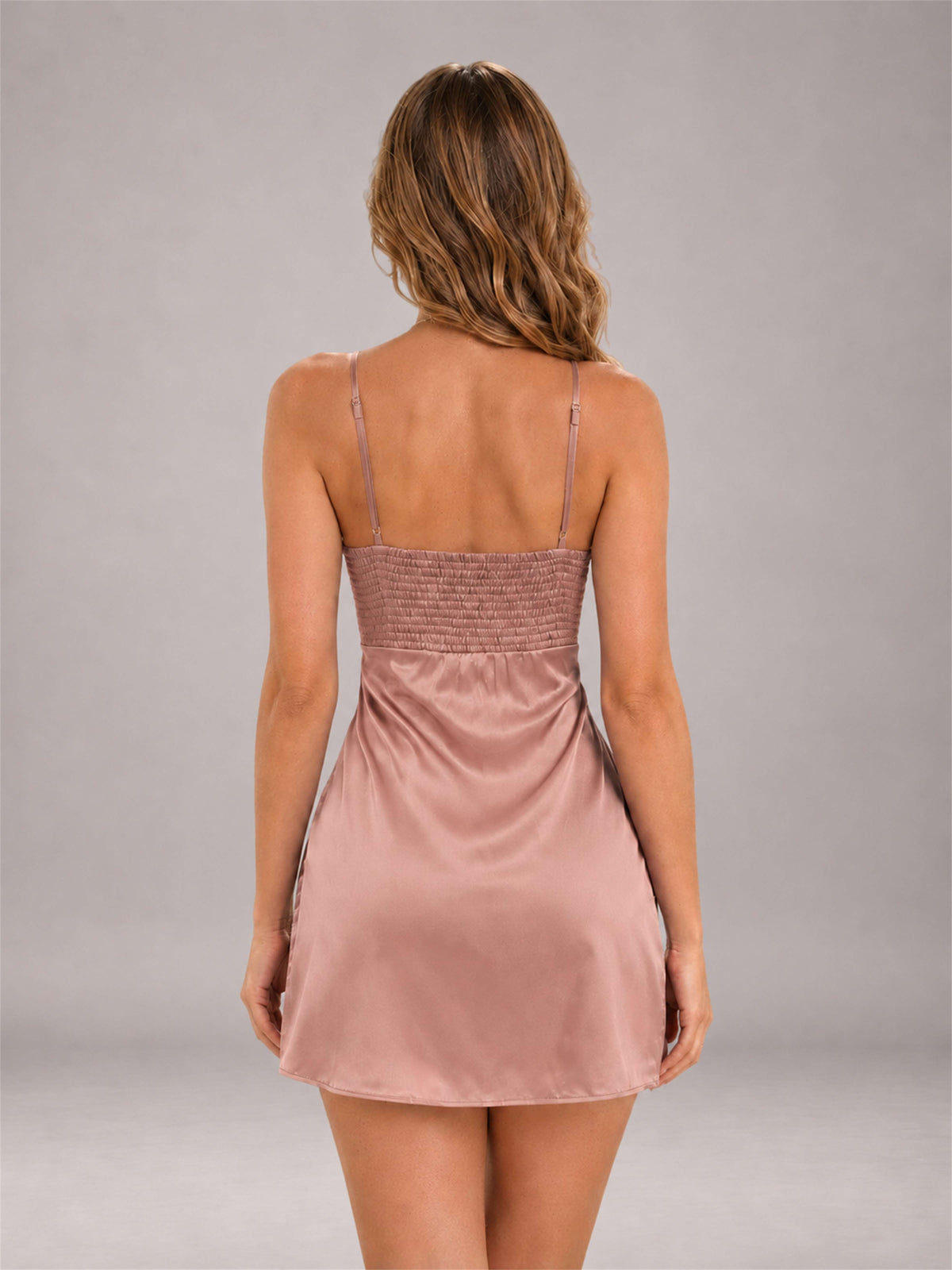 Dusty Rose Spaghetti Strap Pleated Stretch Satin A-Line Mini Homecoming Dress