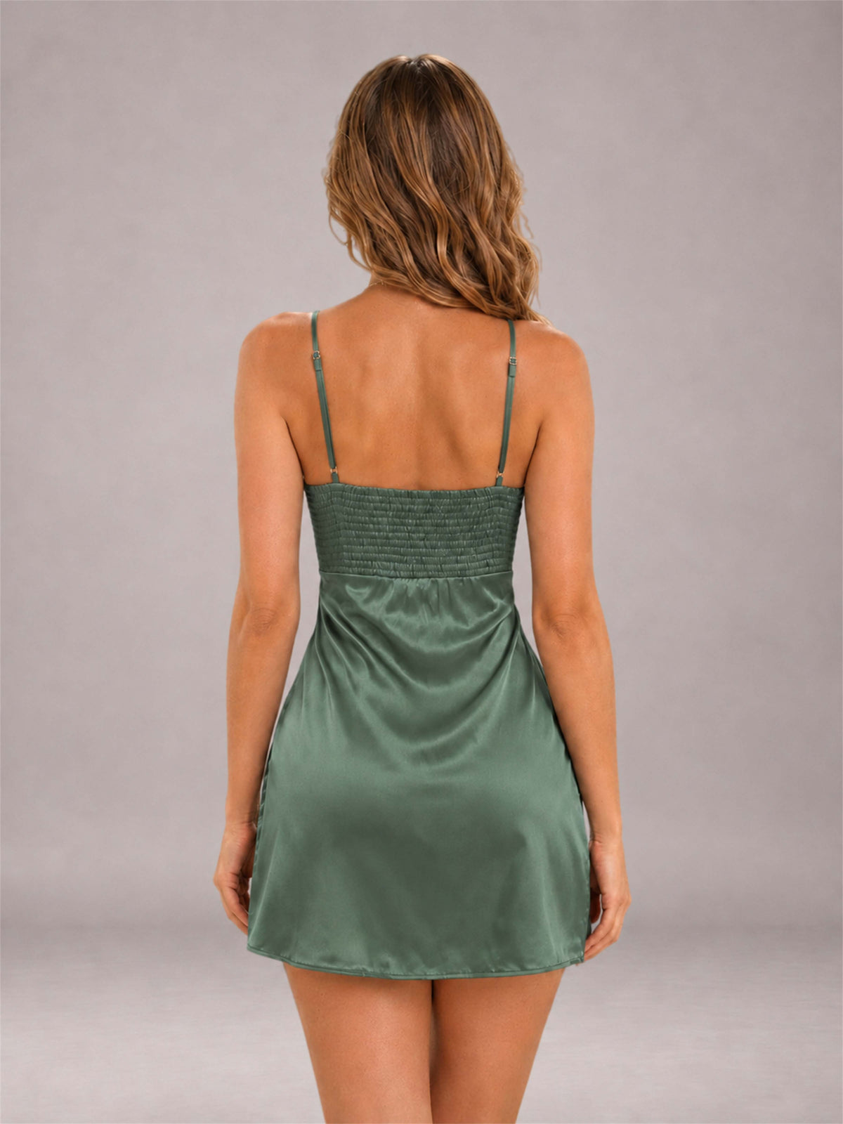 Eucalyptus Spaghetti Strap Pleated Stretch Satin A-Line Mini Homecoming Dress