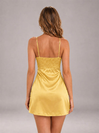 Gold Spaghetti Strap Pleated Stretch Satin A-Line Mini Homecoming Dress