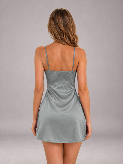 Grey Spaghetti Strap Pleated Stretch Satin A-Line Mini Homecoming Dress