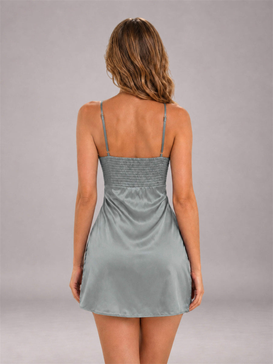 Grey Spaghetti Strap Pleated Stretch Satin A-Line Mini Homecoming Dress