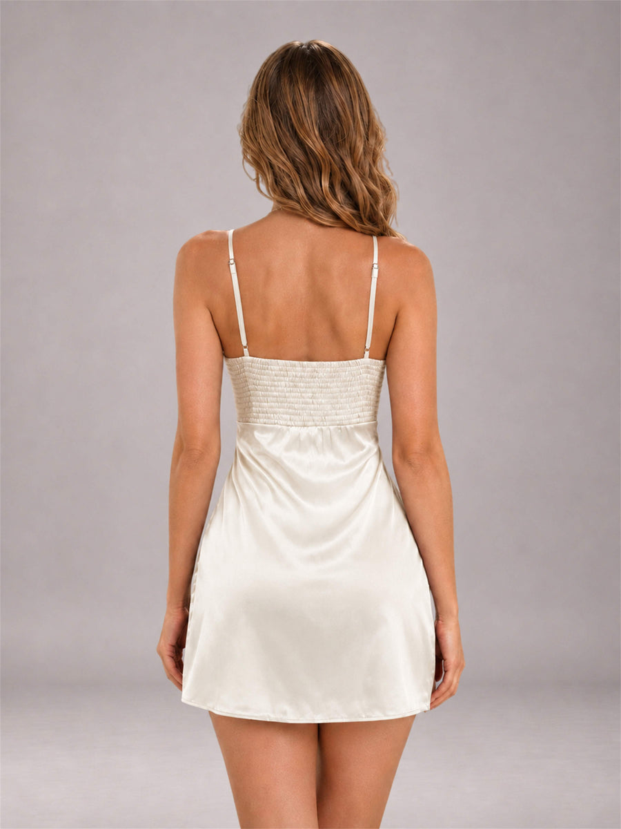 Ivory Spaghetti Strap Pleated Stretch Satin A-Line Mini Homecoming Dress