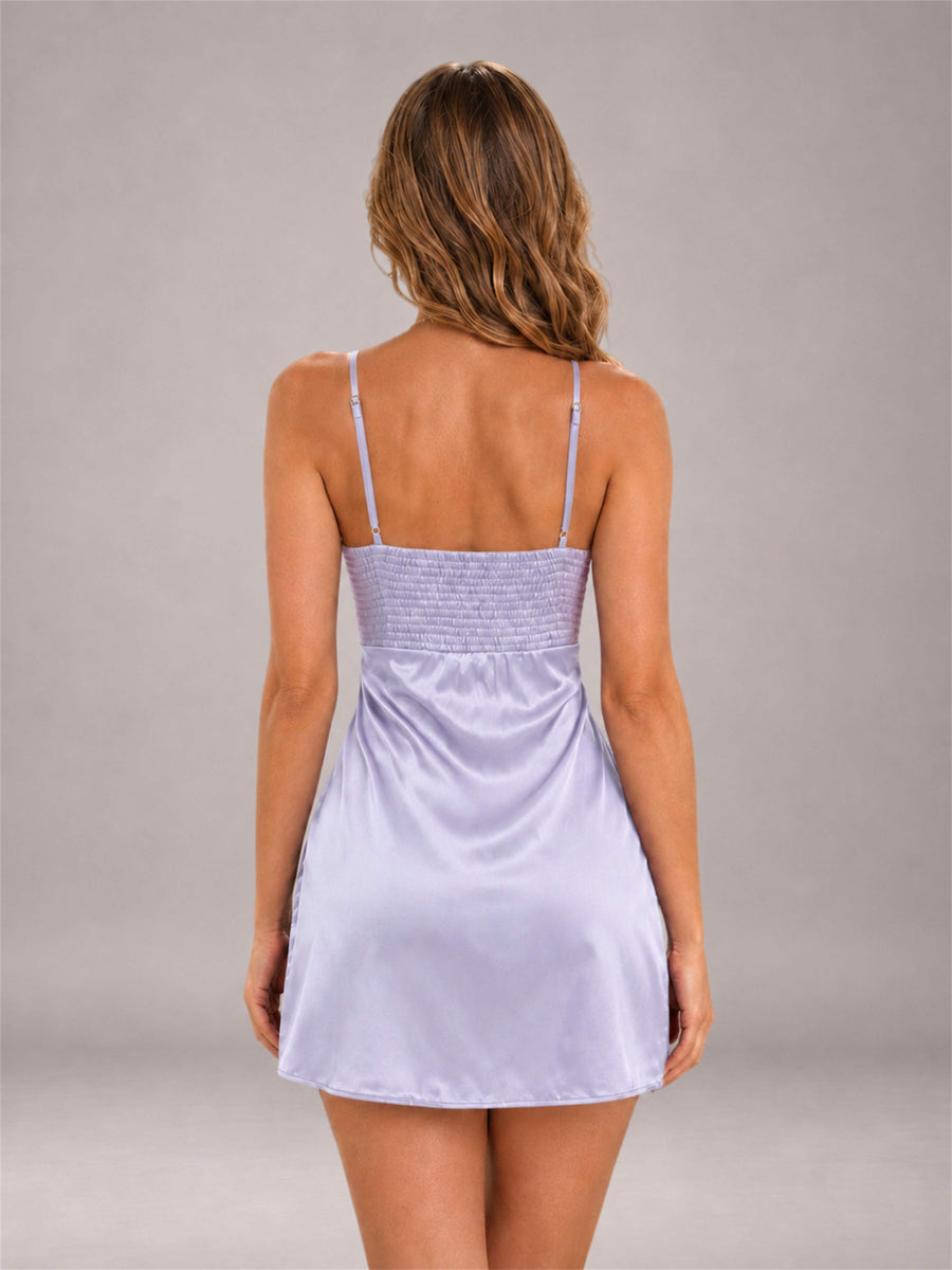 Lavender Spaghetti Strap Pleated Stretch Satin A-Line Mini Homecoming Dress