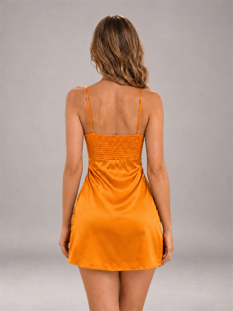 Orange Spaghetti Strap Pleated Stretch Satin A-Line Mini Homecoming Dress